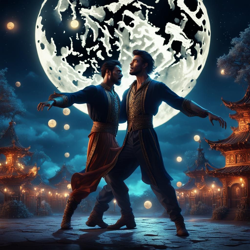 Handsome Men Dancing Under Full Moon