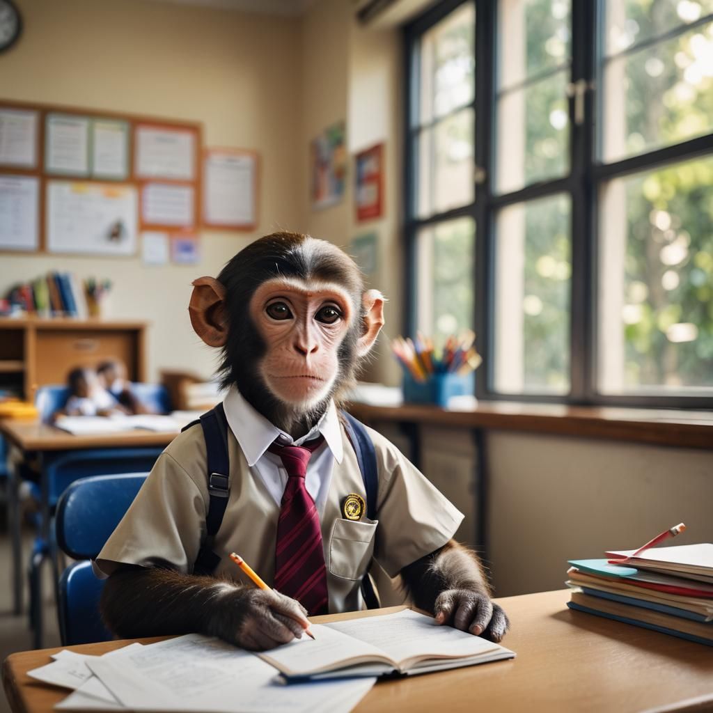 Cute Monkey Student Portrait in Classroom Setting