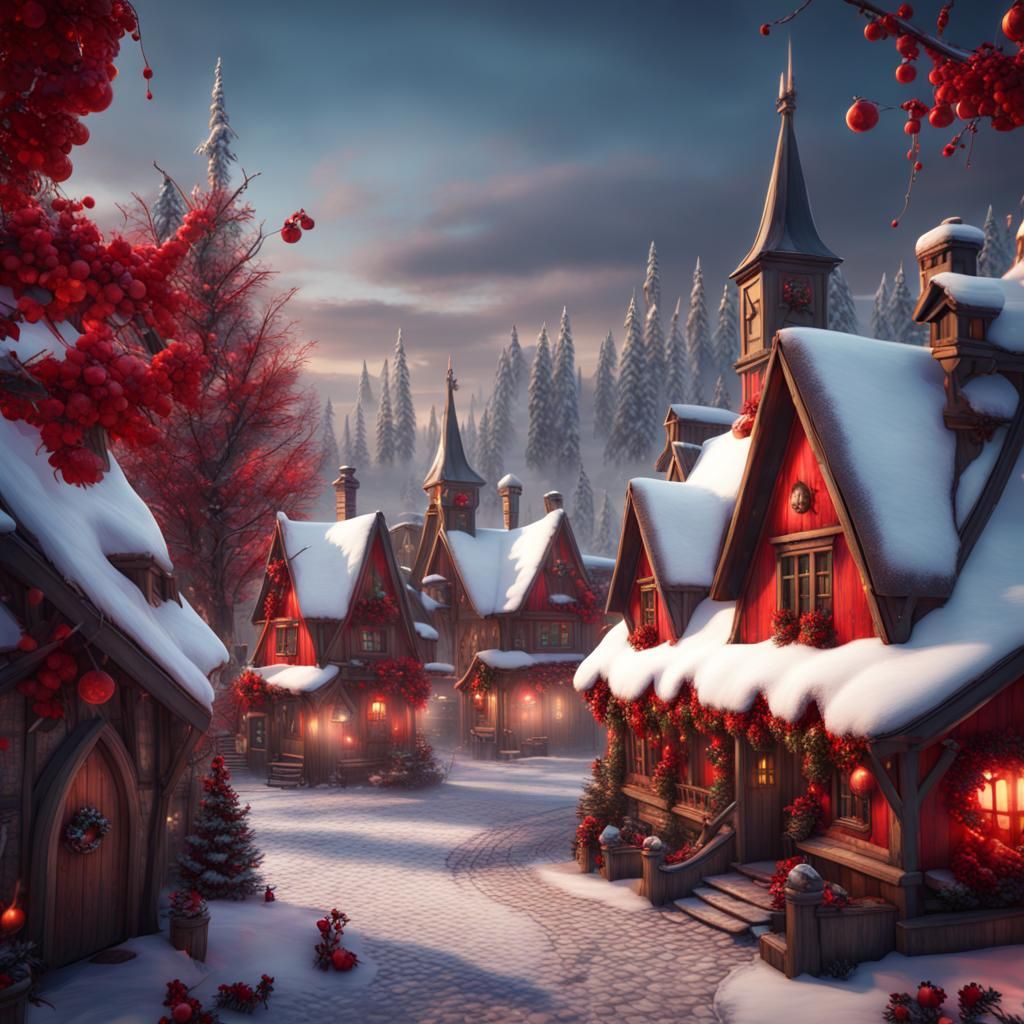 Winter Village with Red Yule Decorations