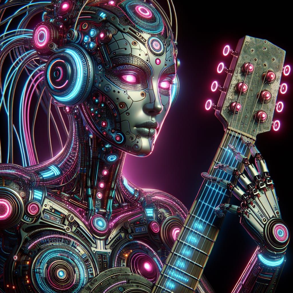 Cyberpunk 2099: Robotic Woman with Electric Guitar