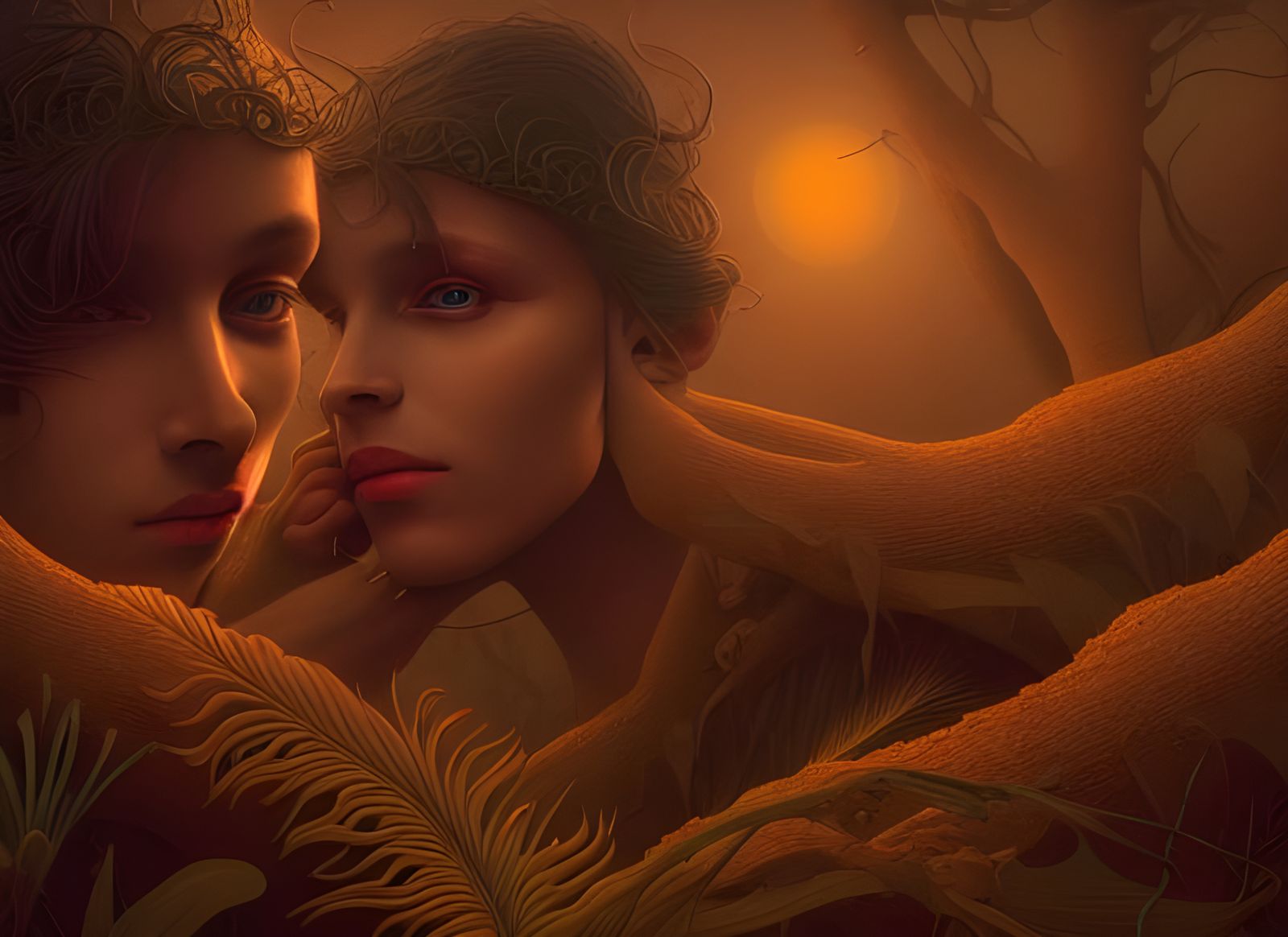 Twins in Forest: Art Deco Digital Painting