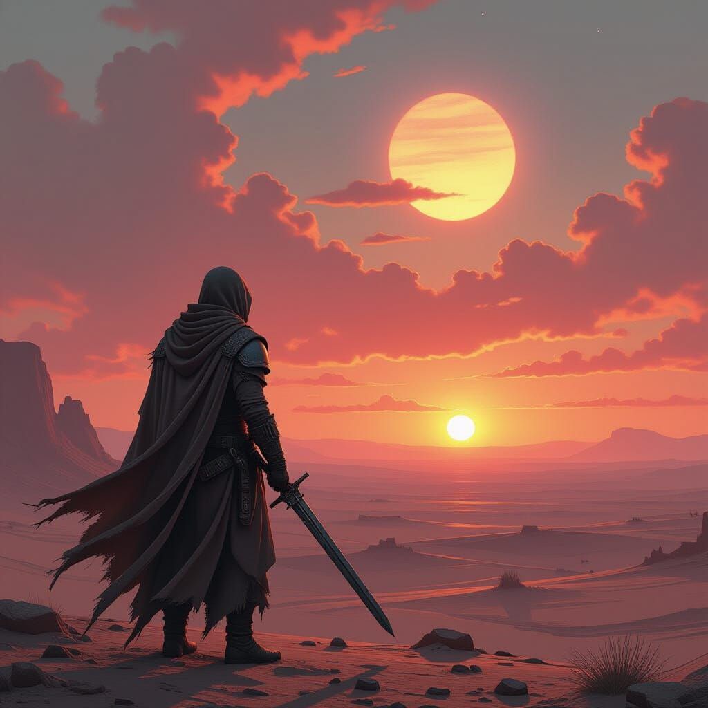 Wanderer Gazing at Binary Sunset on Barren Planet