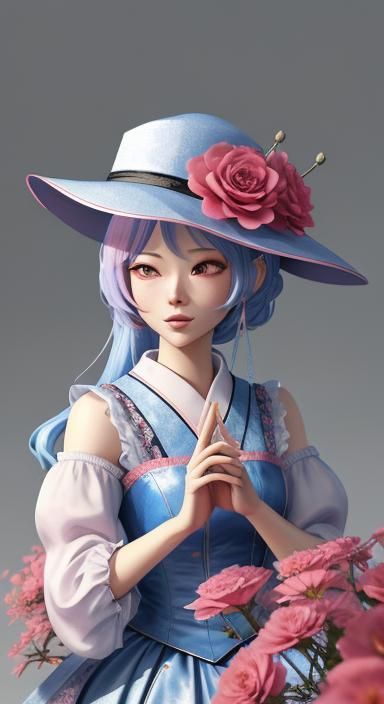 Chibi Cinderella in Ink with Pink and Red Flowers