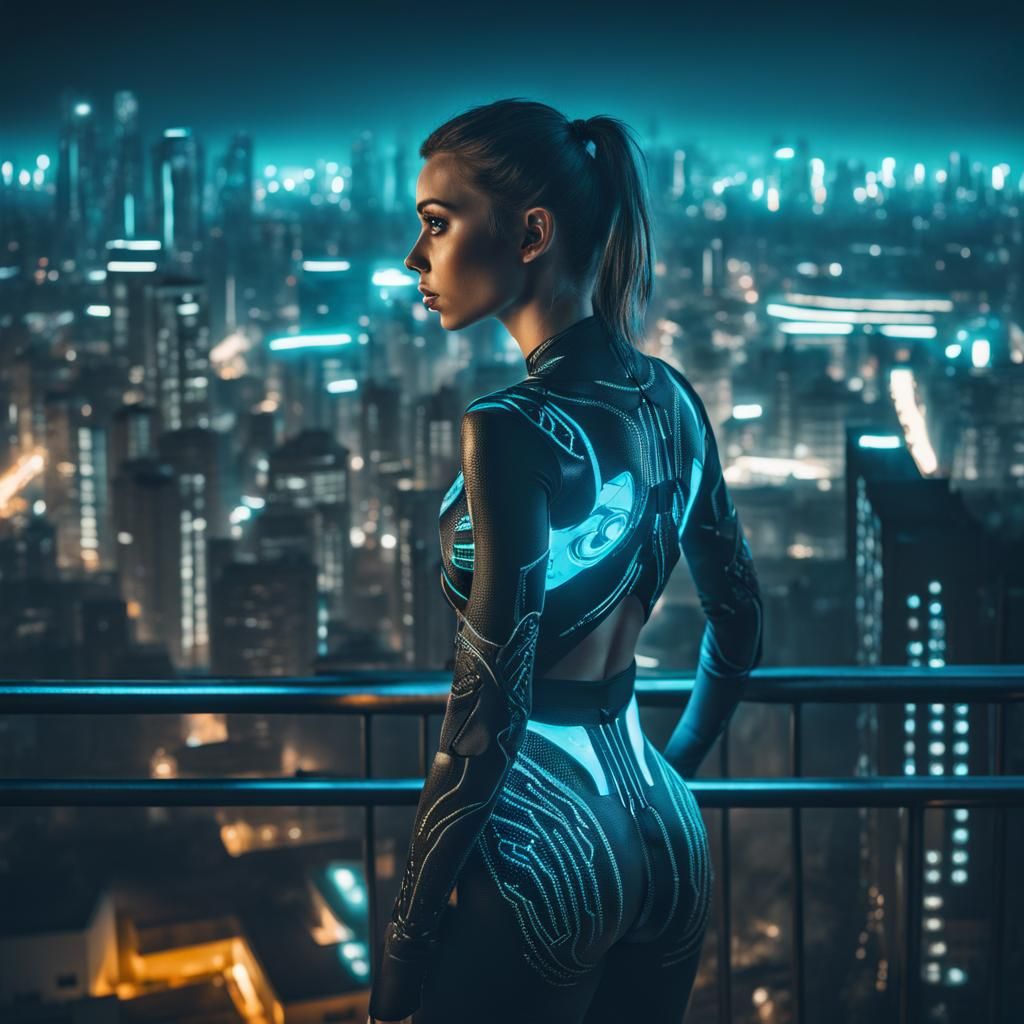 Cyberpunk Woman with Bioluminescent Outfit Overlooking City
