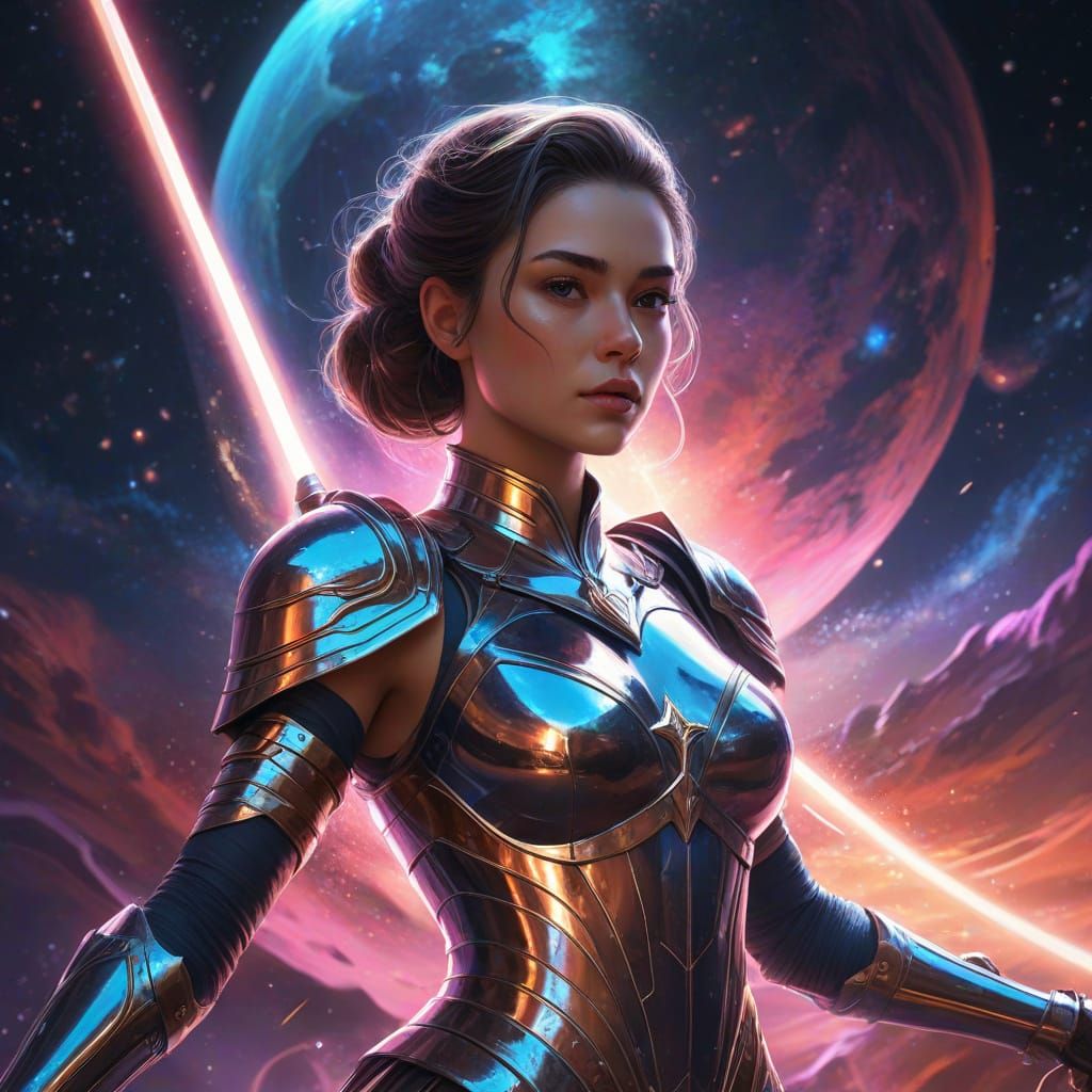 Regal Princess in Cosmic Glory, Holding Glowing Iron Sword