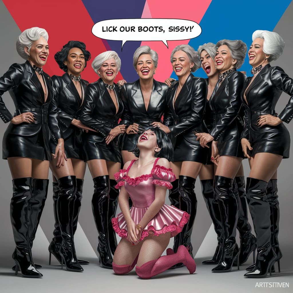 Leather-Clad Women and Sissy in Frilly Dress