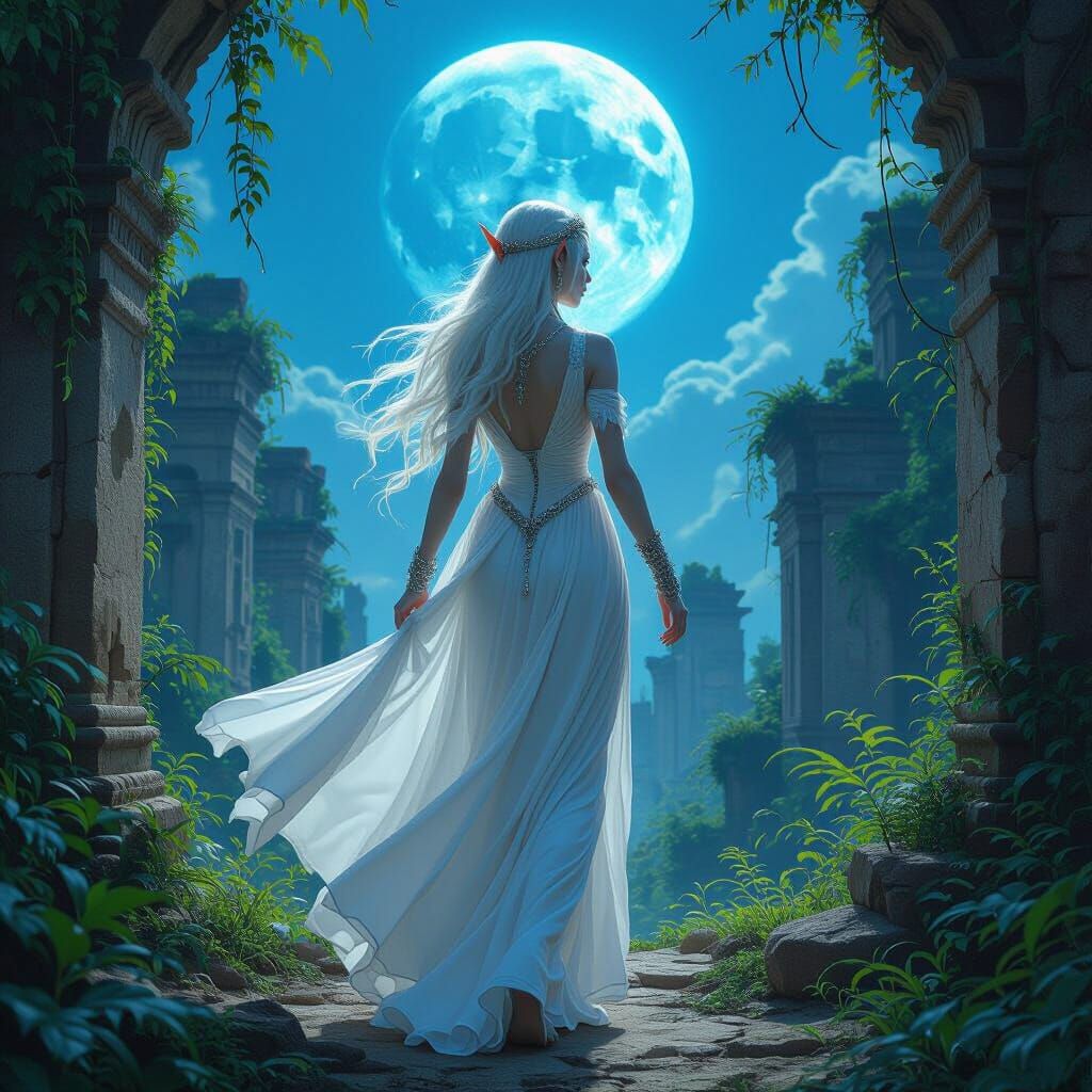 Albino Elf Maiden in Lost Jungle City Under Blue Moon