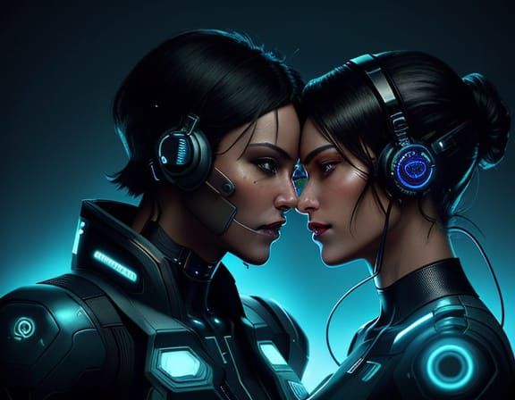 Cyberpunk-Inspired Passionate Kiss in a Futuristic World