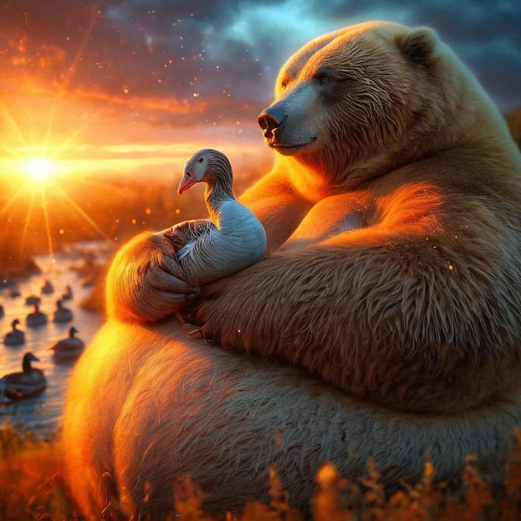 Kodiak Bear Cradling Goose in Sunset Light