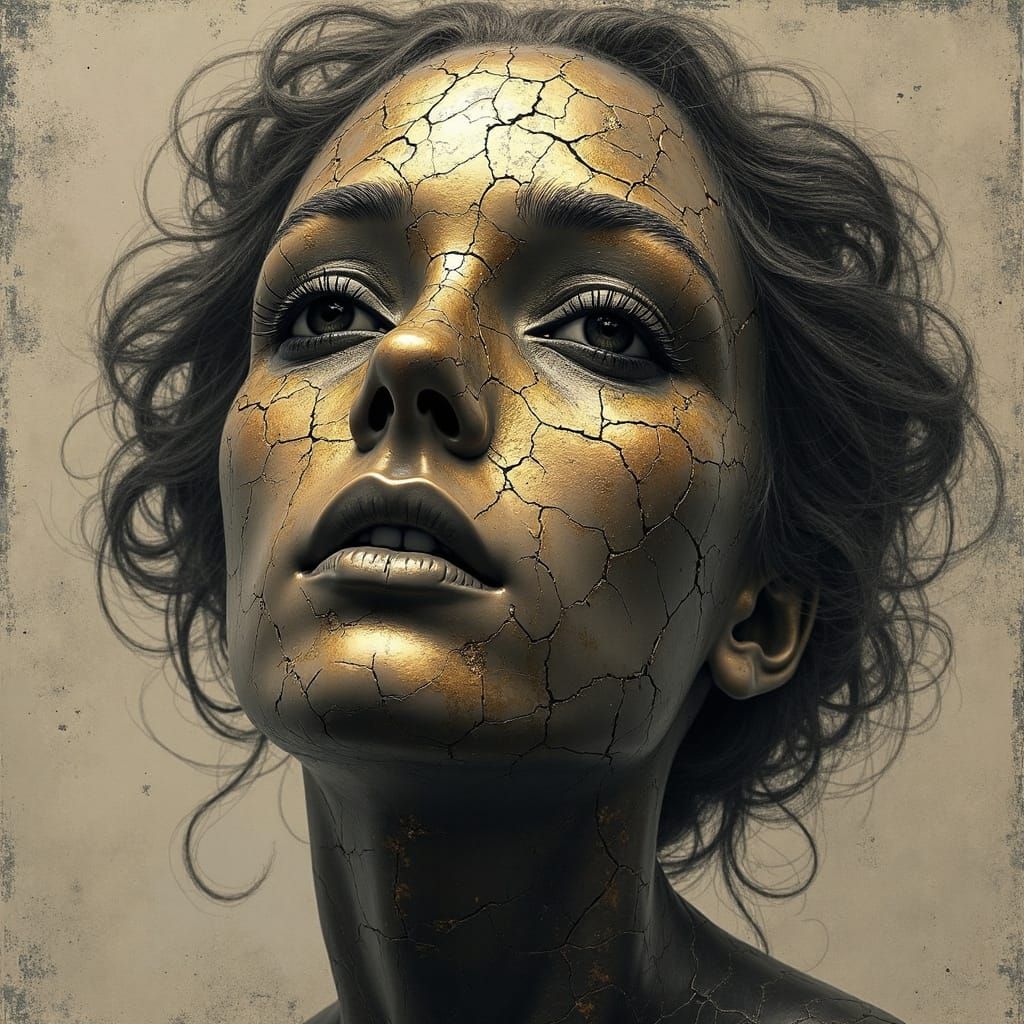 Kintsugi Bronze Bust Portrait in Lithographic Style