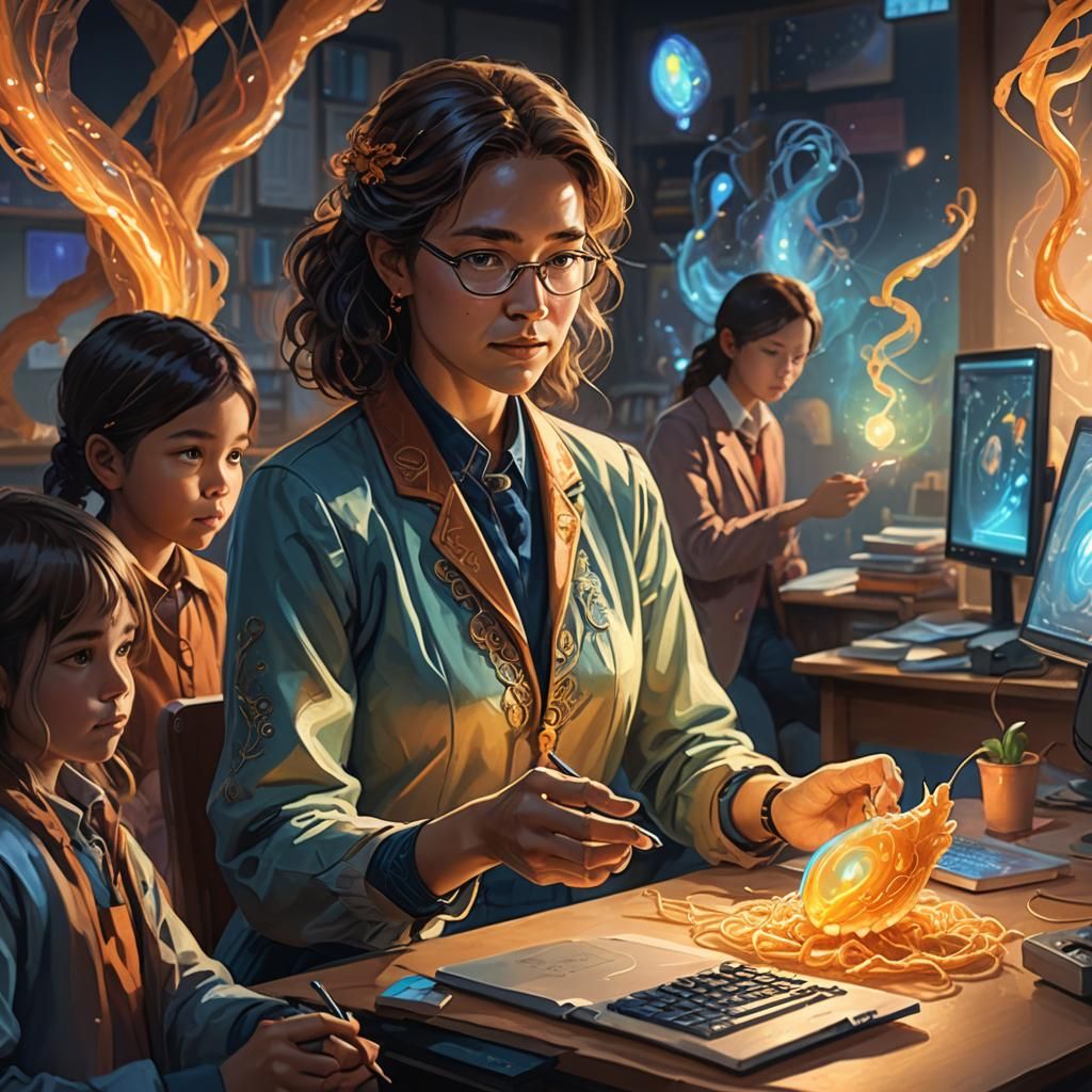 Teacher with Children Holding Glowing Parasite, Fantasy Art