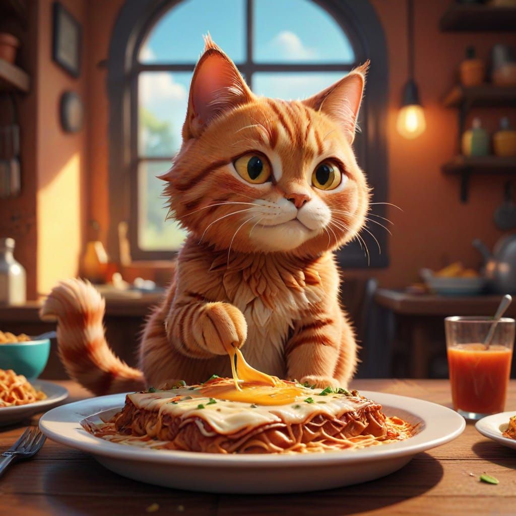Warm Cartoon Cat Savoring Lasagna in a Bright, Exaggerated W...