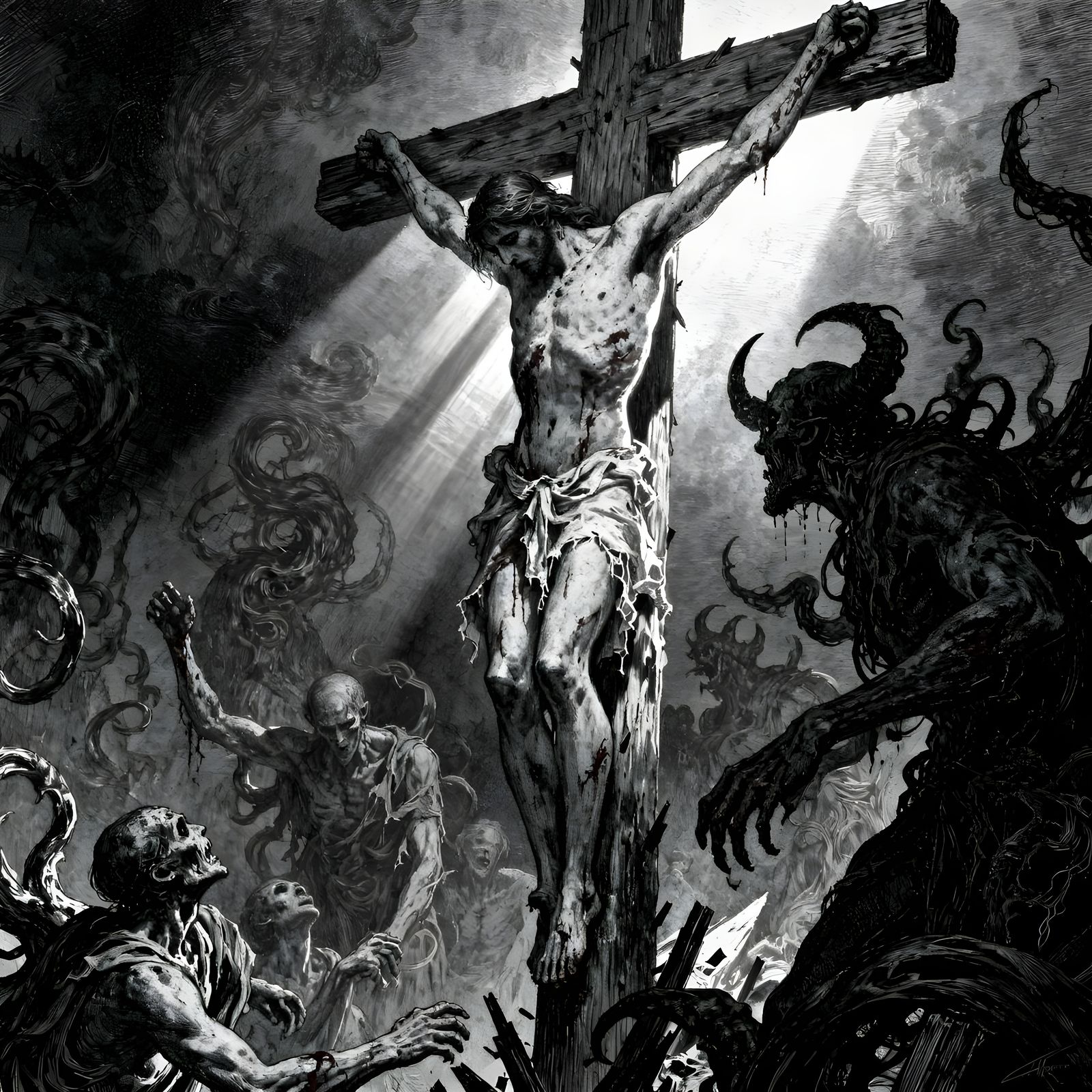 Nightmarish Crucifixion Horror in Dramatic Linework Style