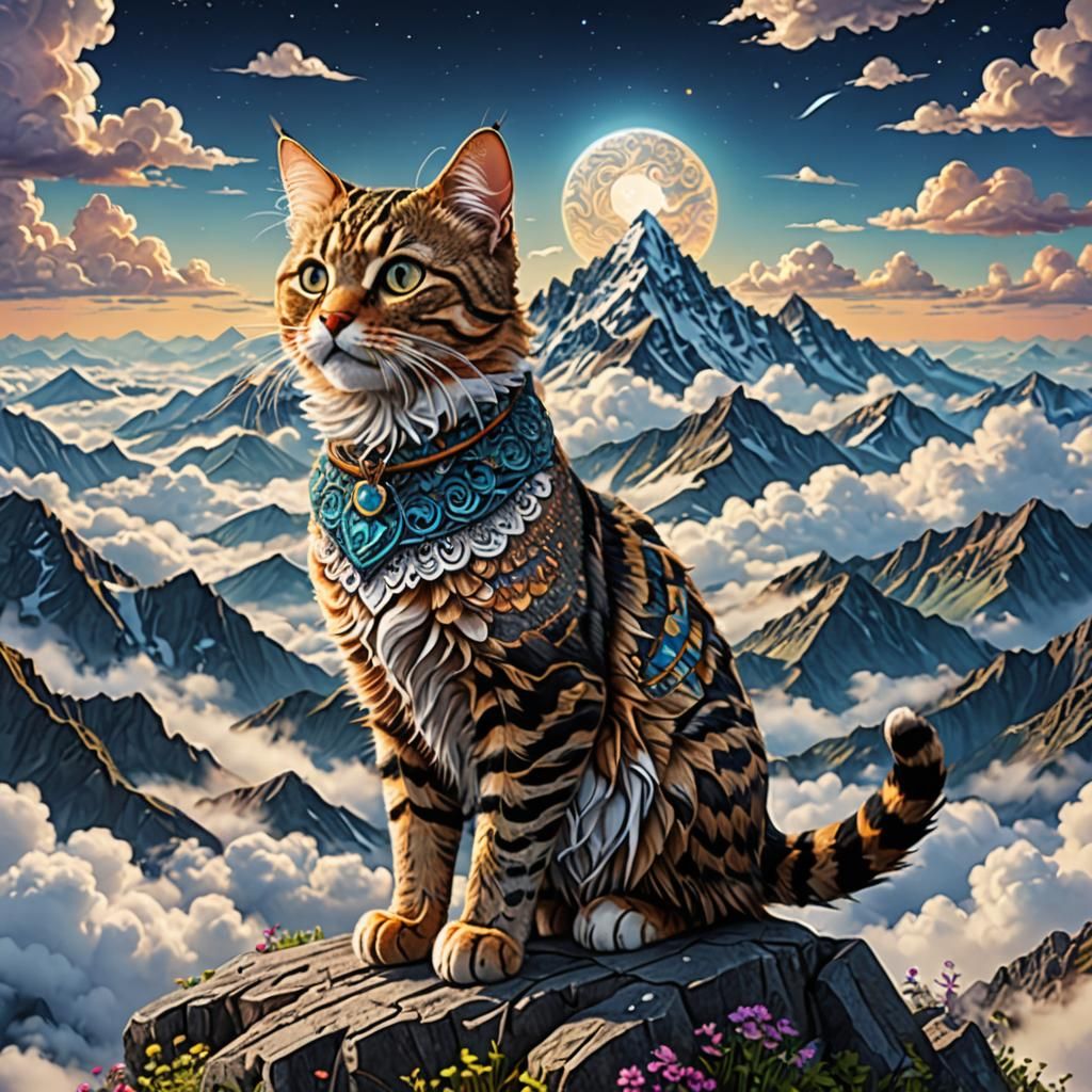 Tabby Cat Explorer on High Mountain in Zentangle Style