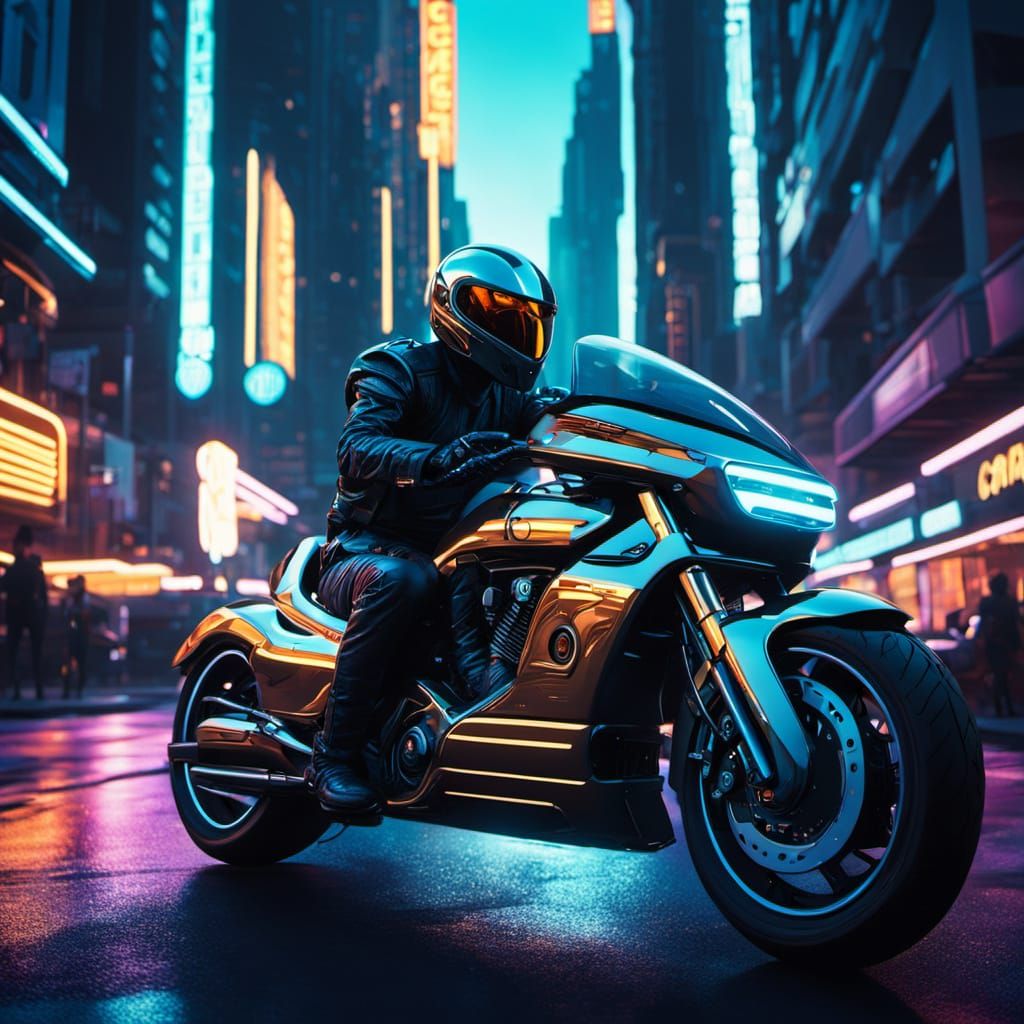 Alien Motorcycle in Neon Cityscape: Syd Mead Style