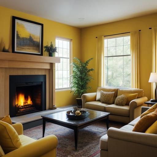 Inviting Yellow Living Room with Fireplace, Bokeh