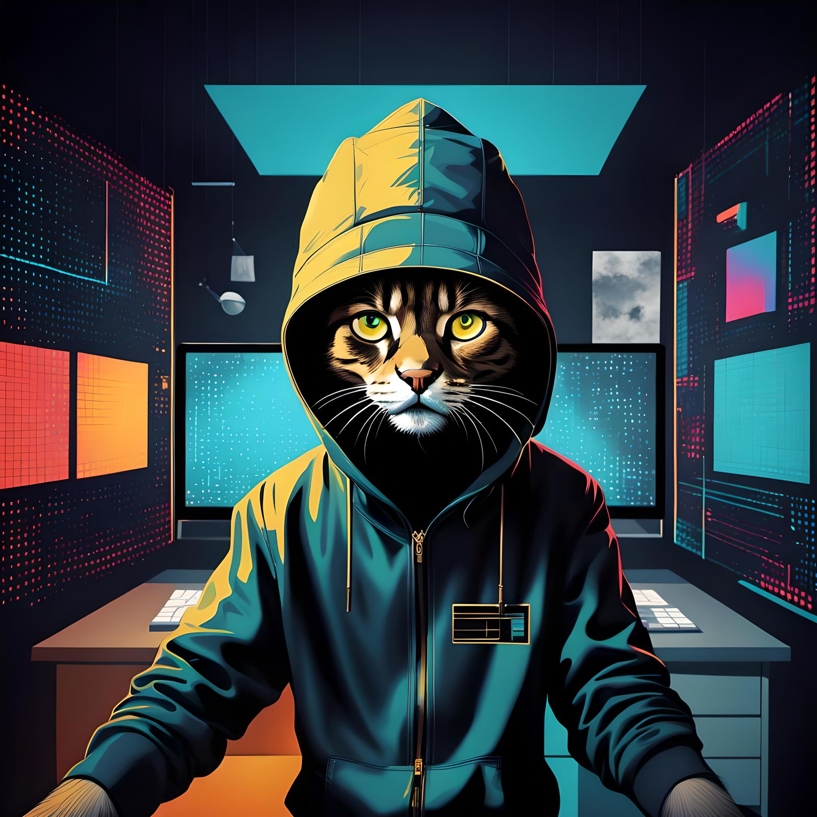 Pop Art Cat in Hoodie: Digital 8K Resolution