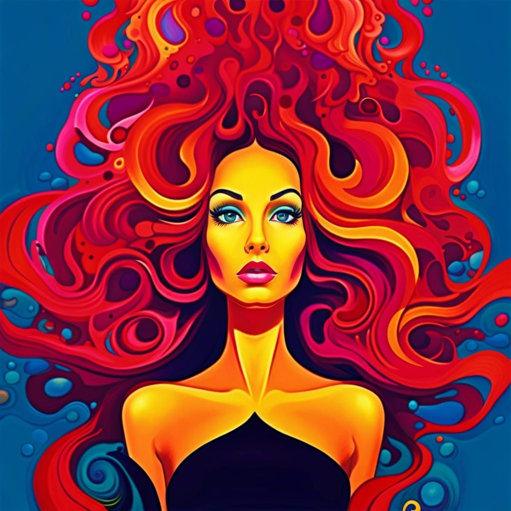 Psychedelic Liquid Hair Portrait in 60s Style
