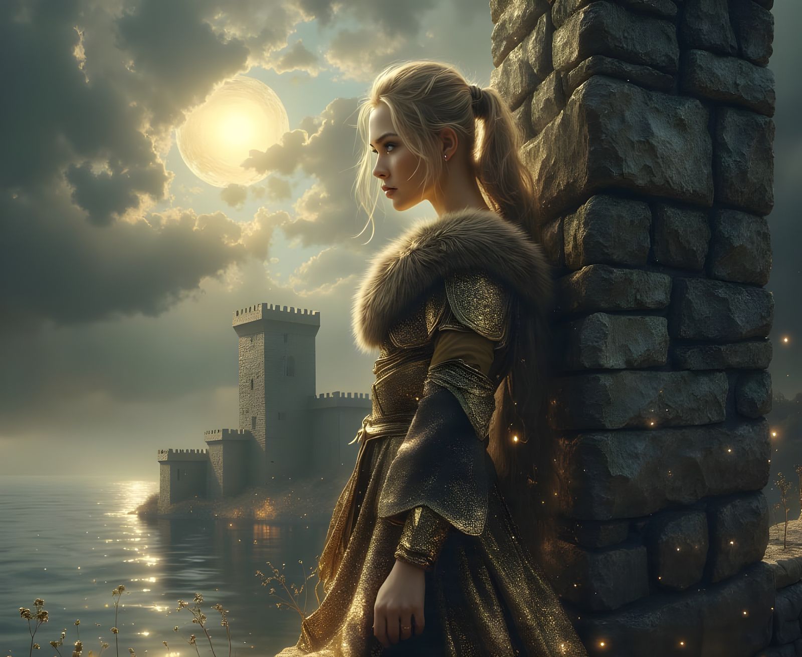 Gothic Norse Goddess Adorns Castle Parapet at Dusk