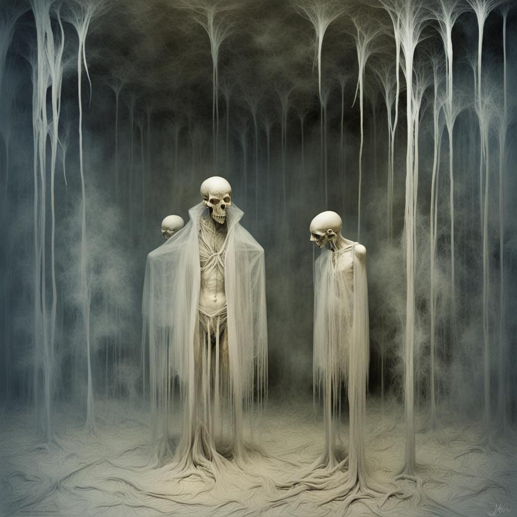 Surreal X-Ray of Skeletal Damnation in Steel and Silk