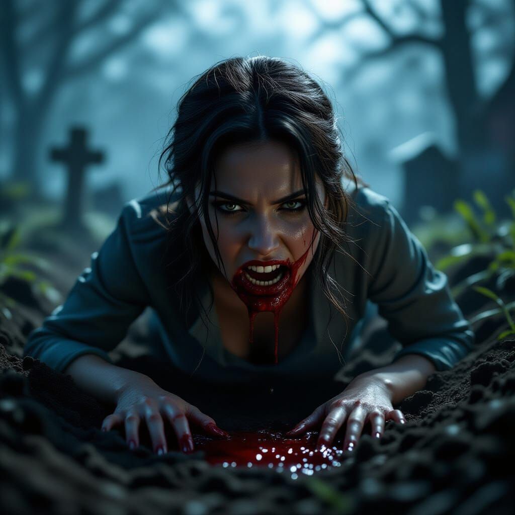 Woman Crawls from Grave with Blood-Filled Mouth