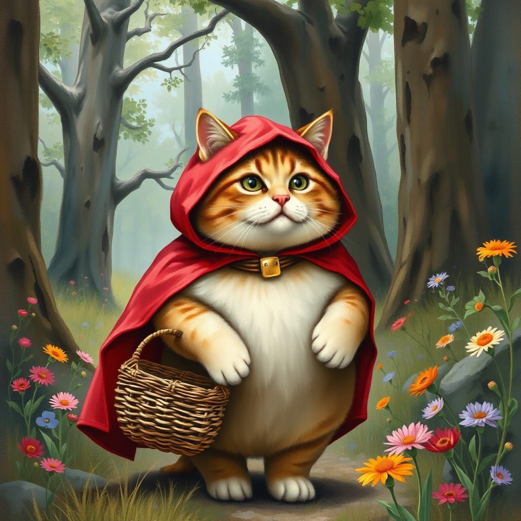 Adorable Feline Red Riding Hood in Whimsical Forest Landscap...