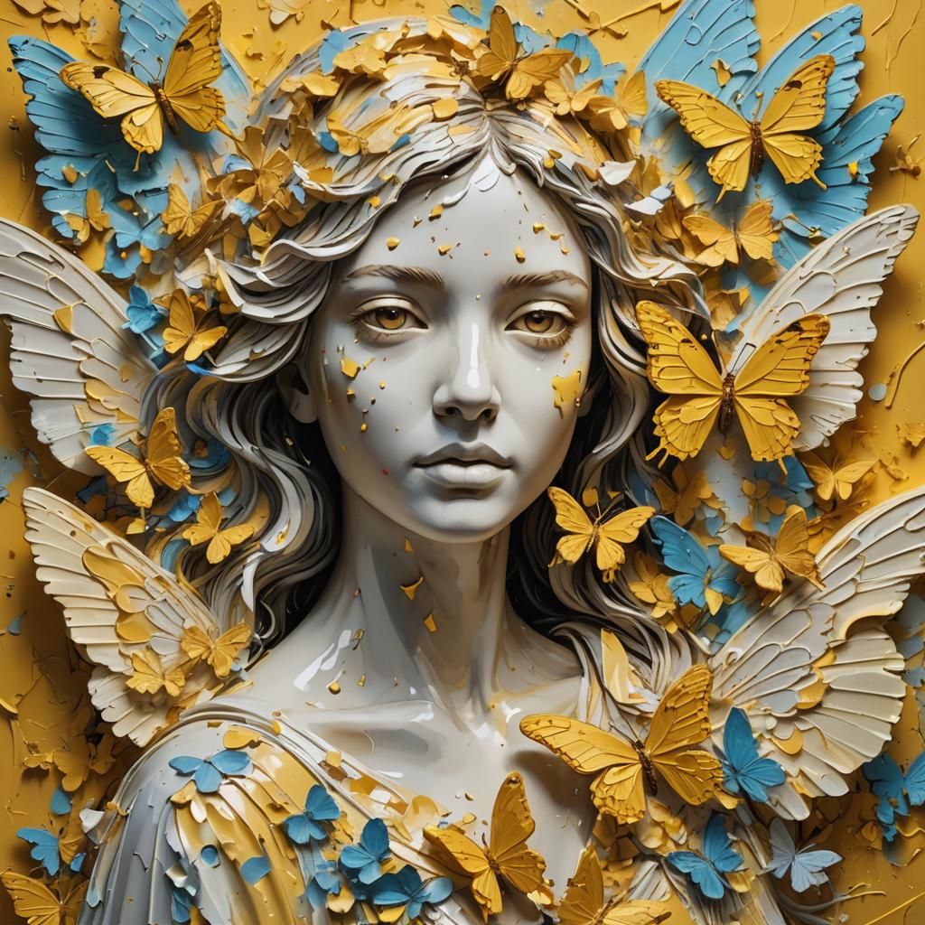 Impasto Yellow Butterfly Surrounding Beautiful Angel