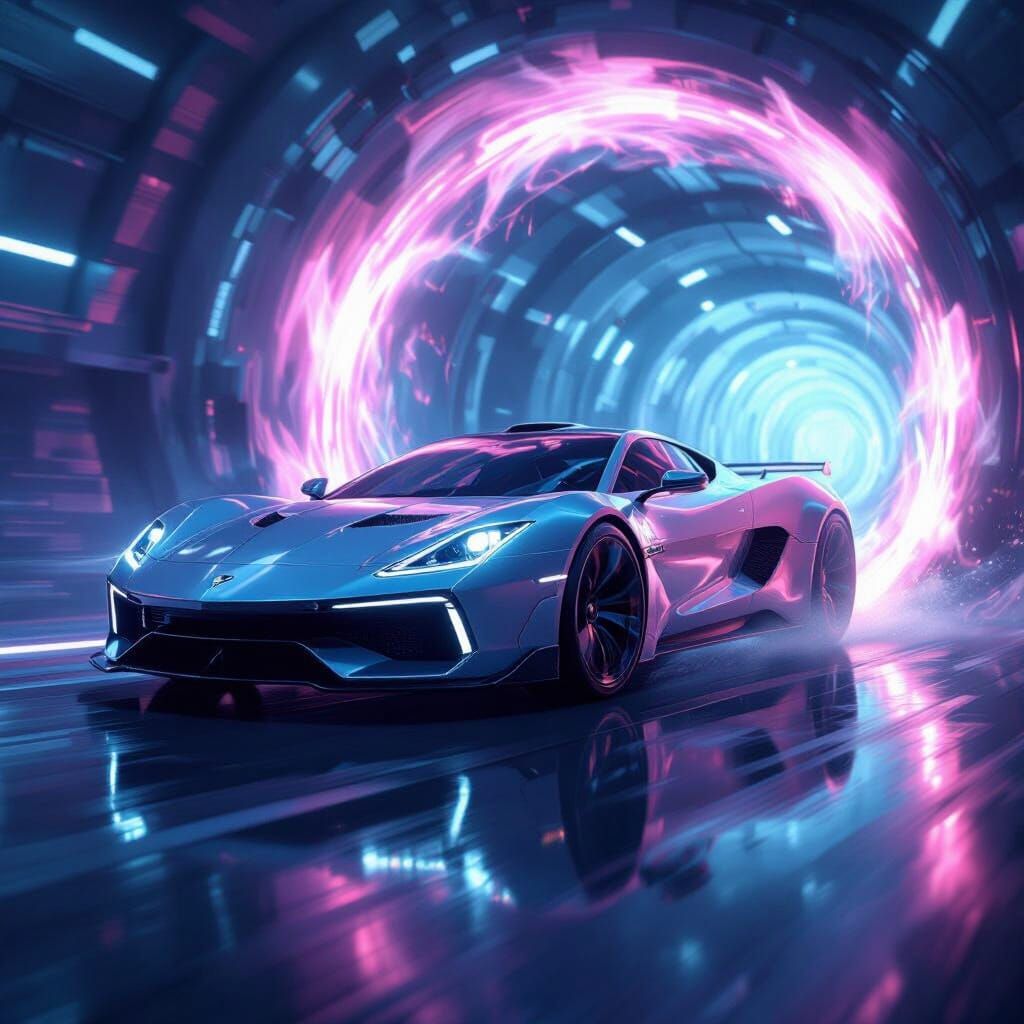 Futuristic Sports Car Emerging from Energy Portal