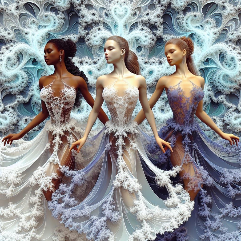 Elegant Dancers in Sci-Fi Fractal Landscape