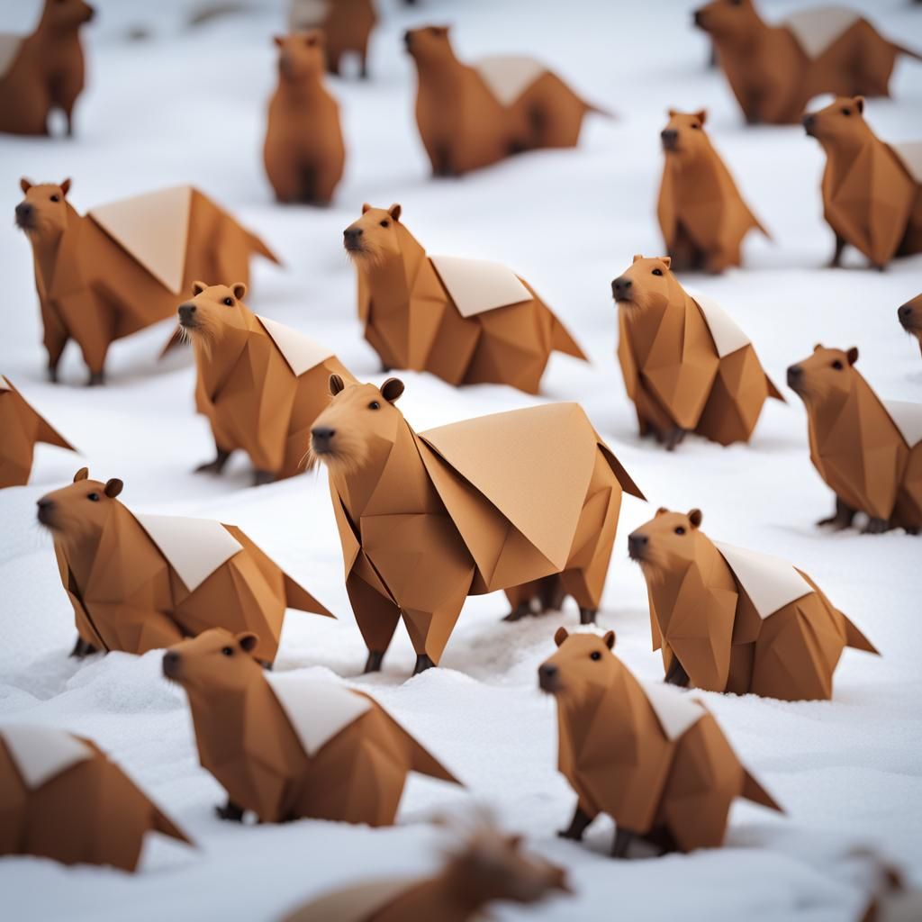 Capybara in Snow: Origami Papercraft Style