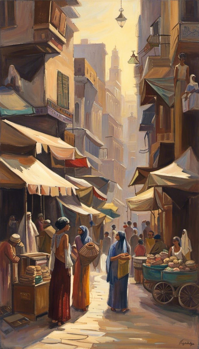 Cairo Street Scene 1920s in Acrylic Art Style