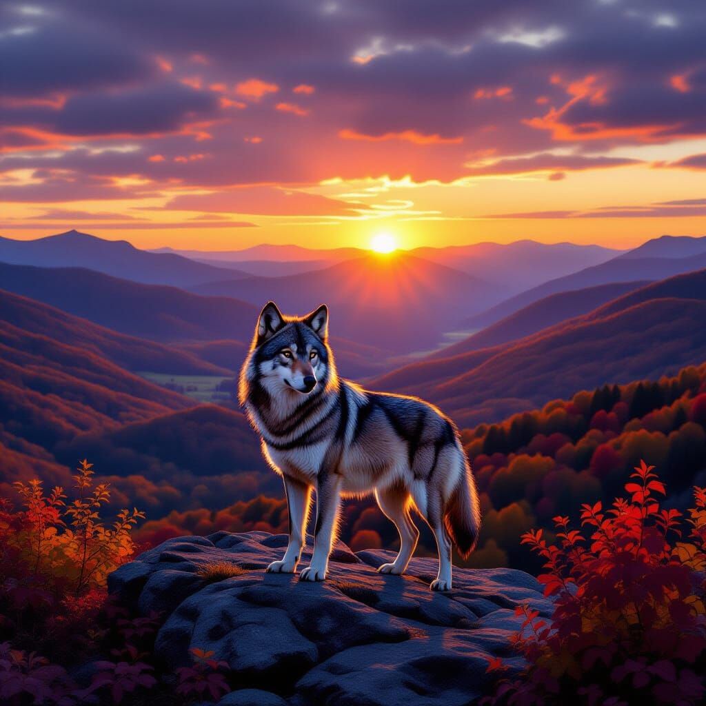 Lone Wolf at Sunset Over Autumn Valley Matte Painting