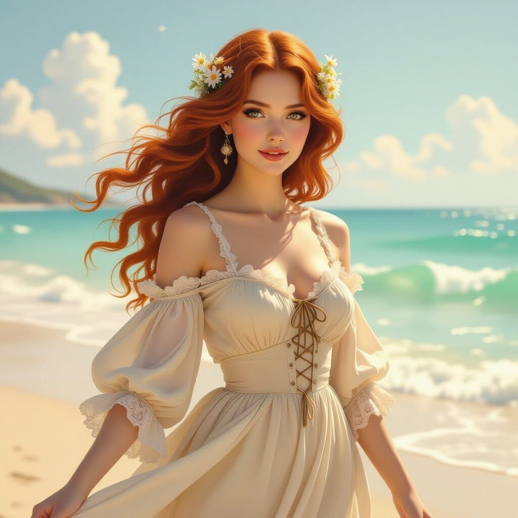Auburn Beauty on Sun-Kissed Beach in Ethereal Style