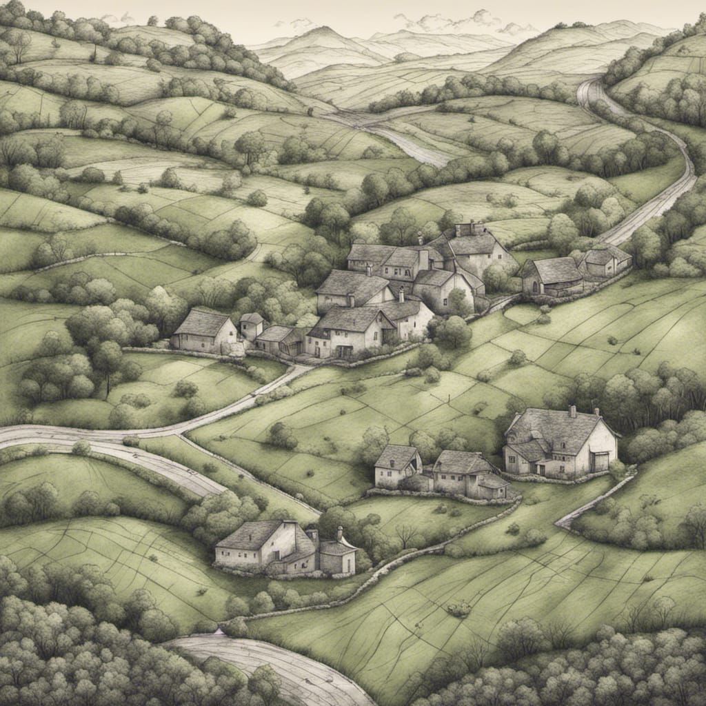 Detailed Countryside Map With Green Hills and Houses