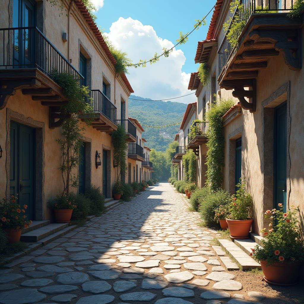 Cobblestone Path Through Greek Village: Fantasy Art