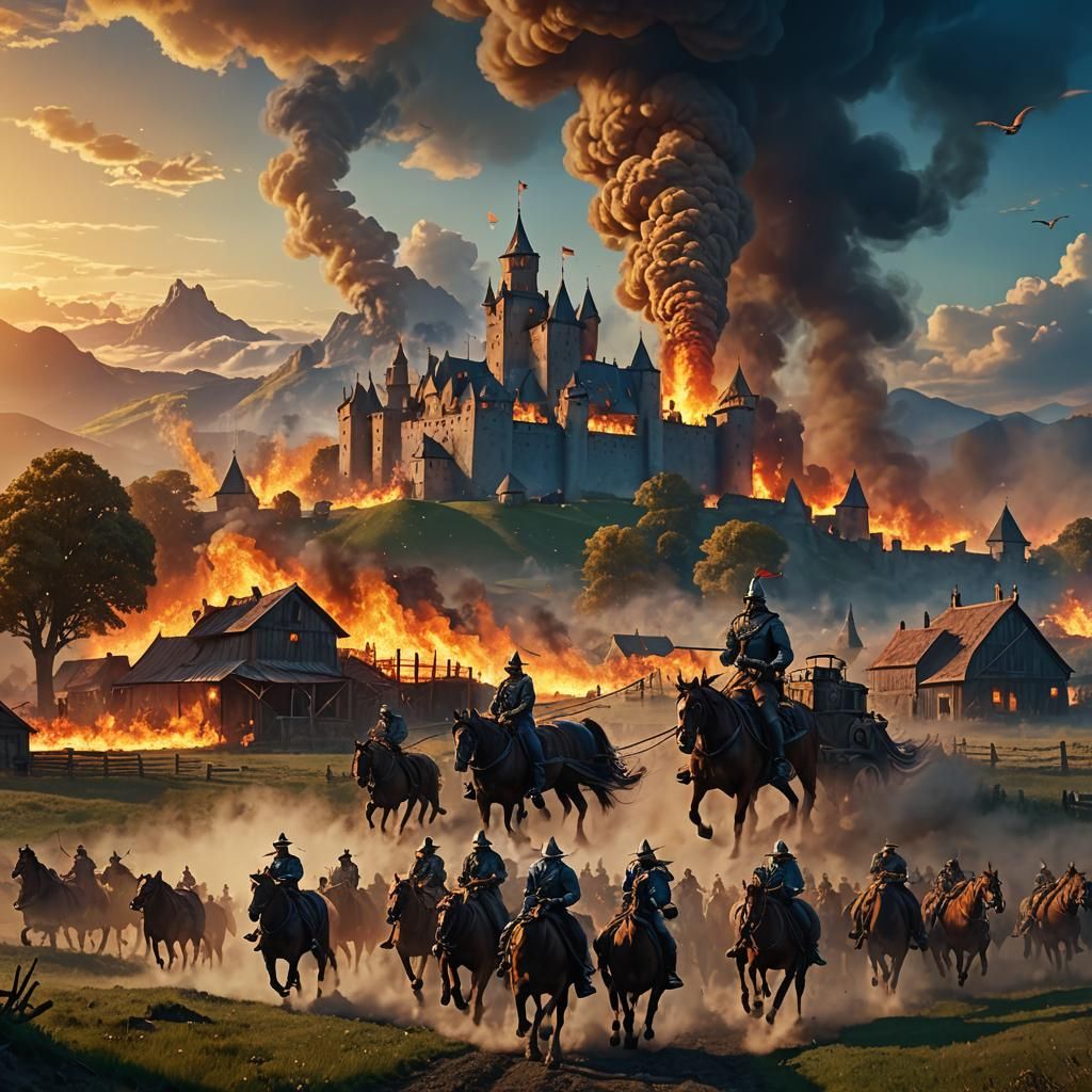Cavalry Charge Toward Burning Castle: Digital Matte Painting