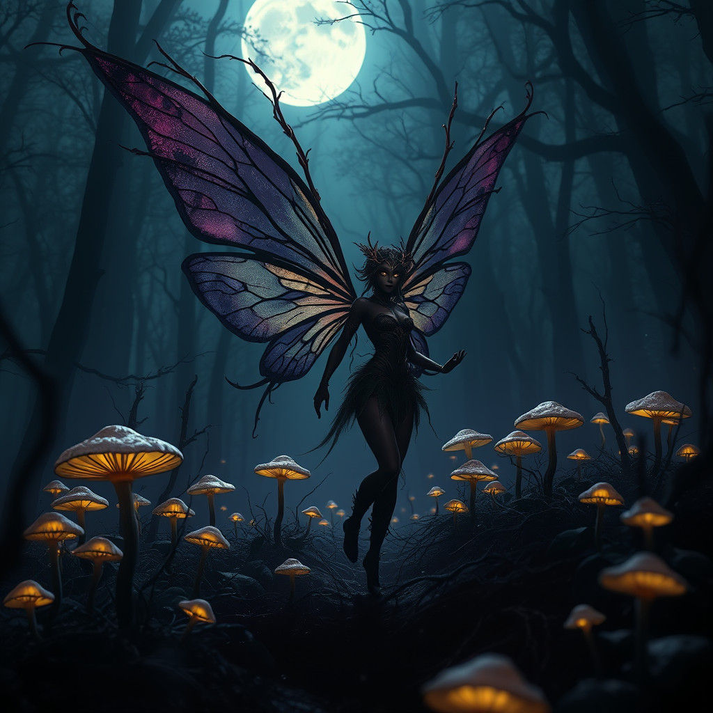 Dark Fairy in Mystical Forest, Art Nouveau Style