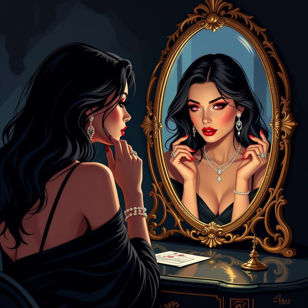 Woman With Red Eyes Gazes Into Ornate Gold Mirror