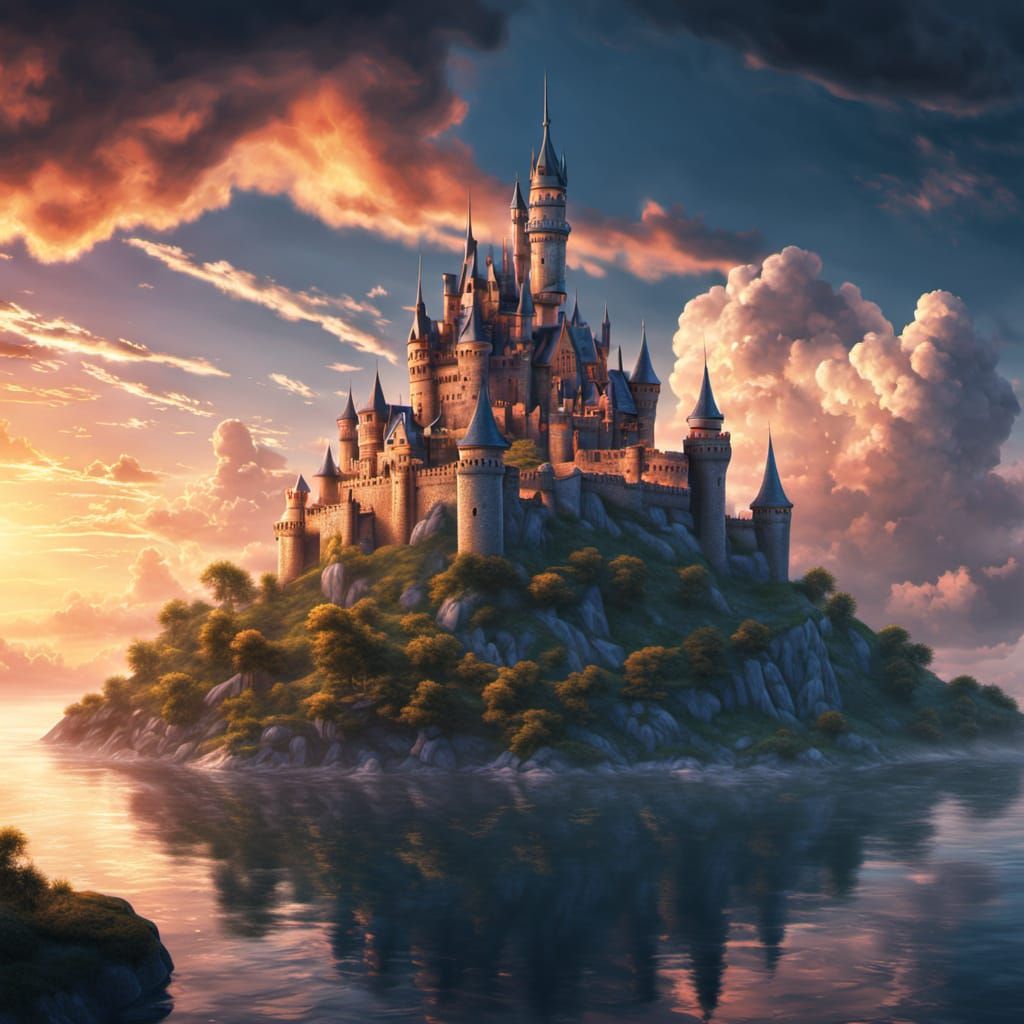 Majestic Floating Castle in Ethereal Evening Sky