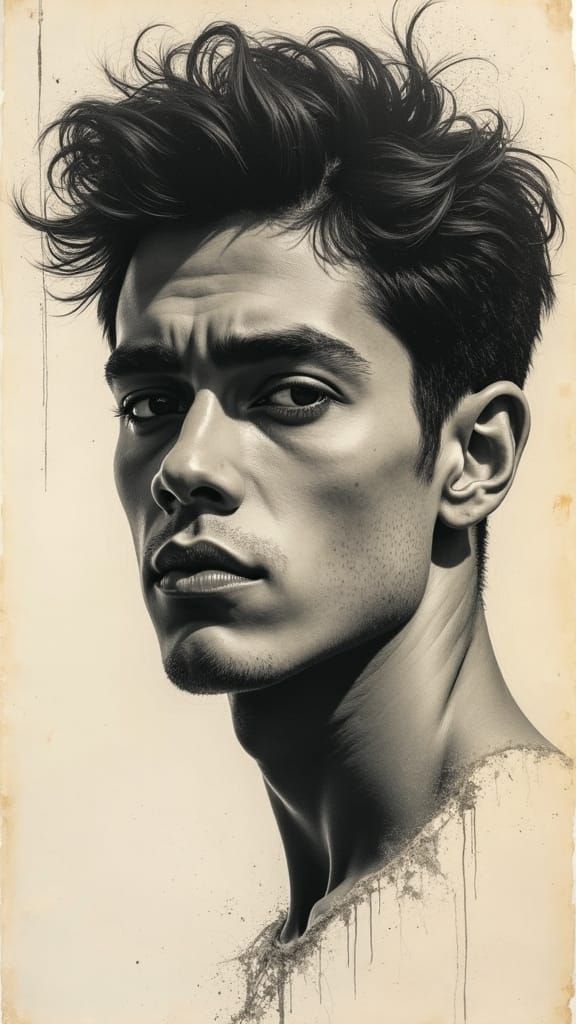 handsome 25-year-old male face, abstract, Charcoal drawing o...