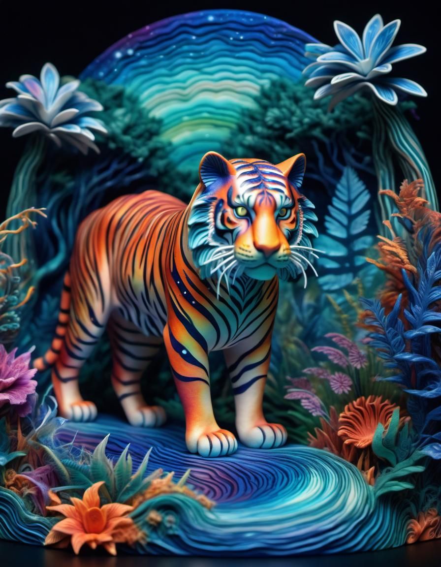 Polymer Clay Tiger in Jungle, Cosmic Night