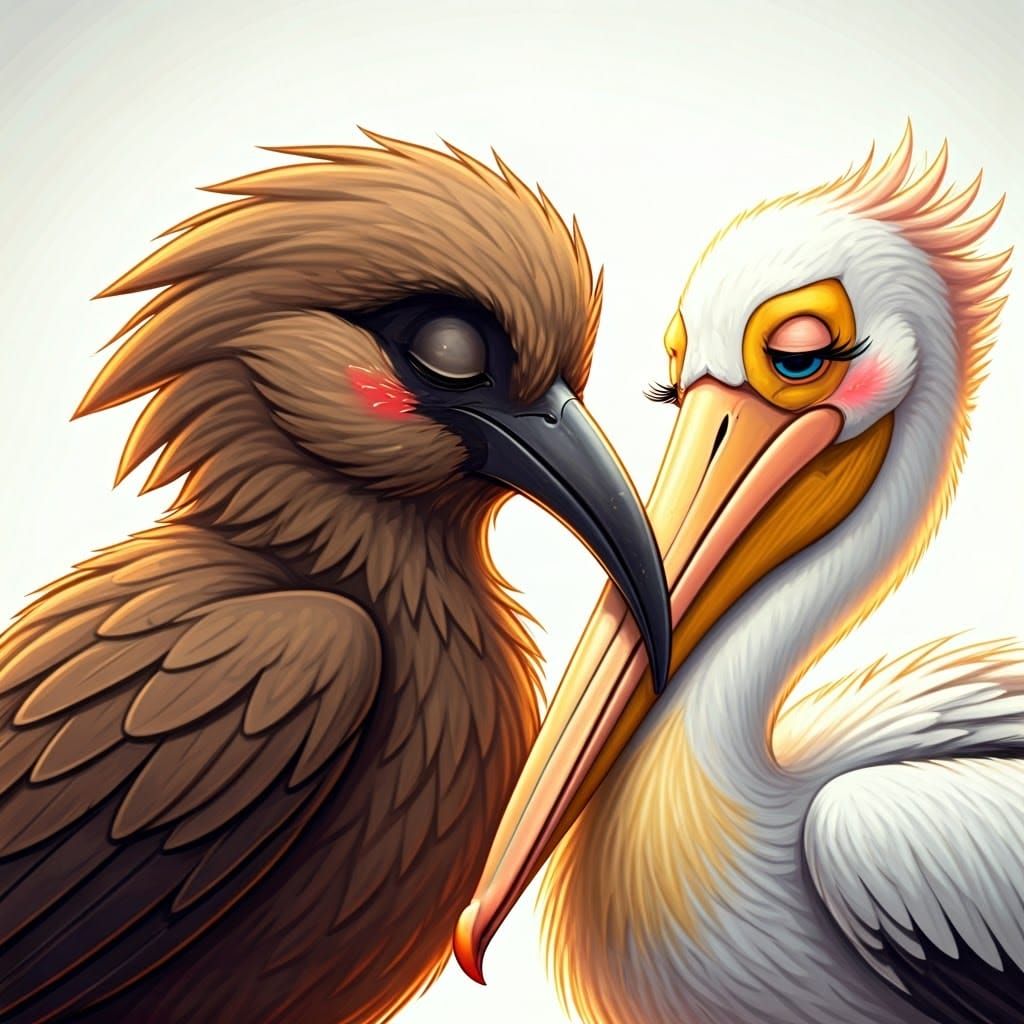 Whimsical Hamerkop and Pelican Share a Tender Moment