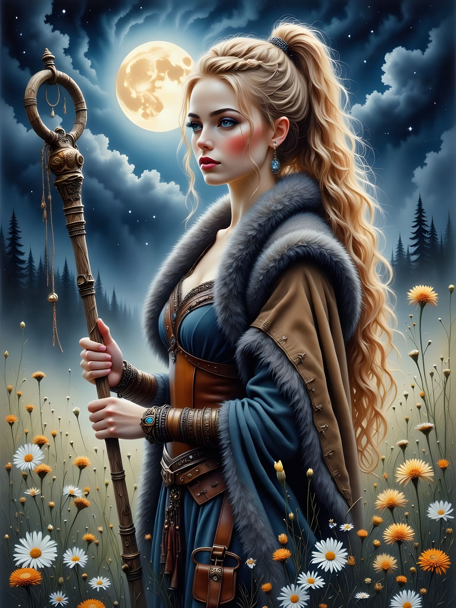 Cosmic Norse Goddess in Golden Splendor