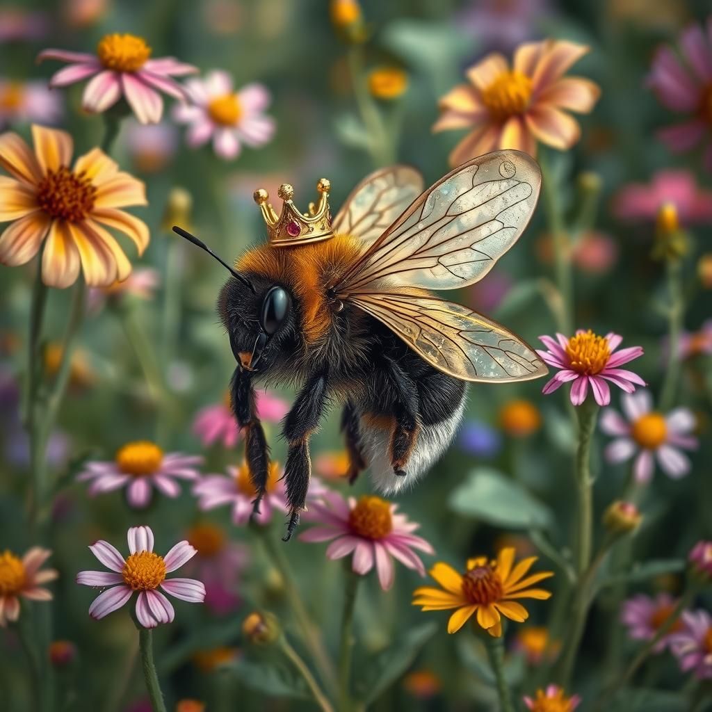 Bumblebee with Crown in Fantastical Garden Illustration
