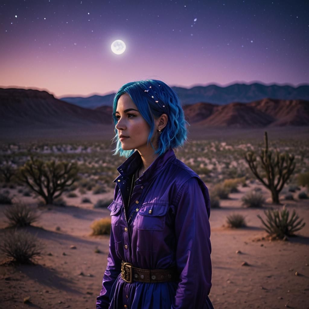 Woman with Blue Hair in Surreal Desert Landscape
