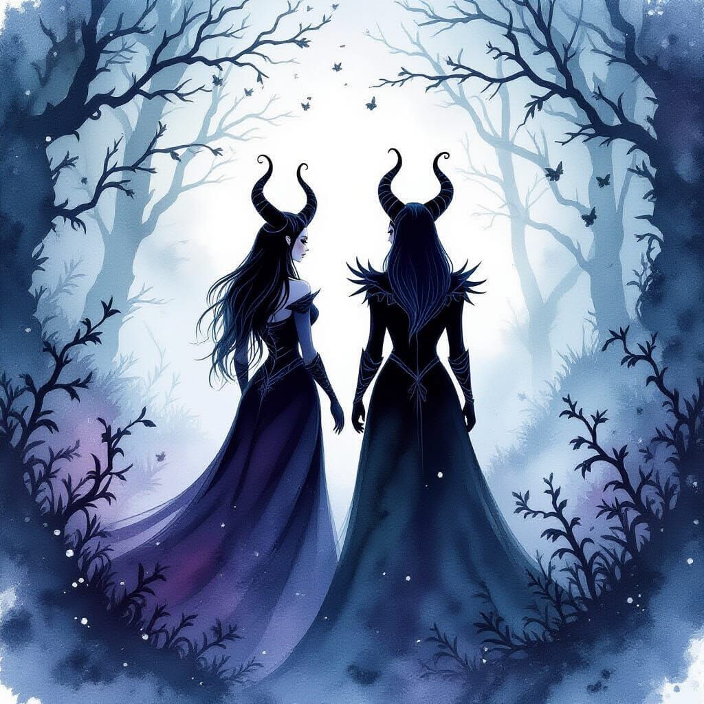 Two Maleficents in a Dark Watercolor Forest