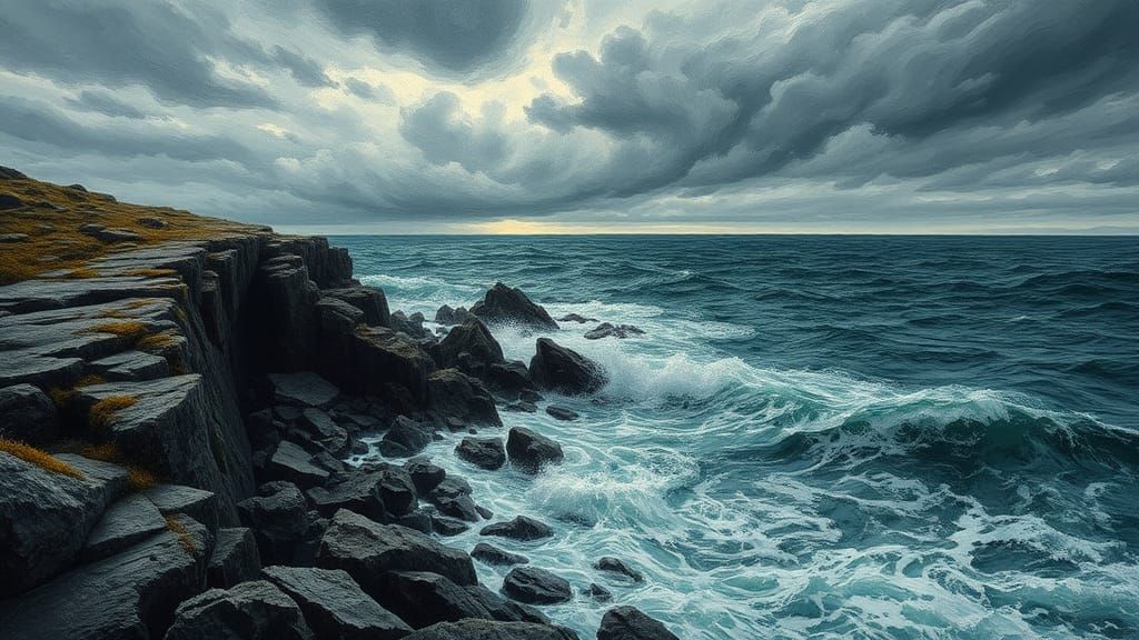 Dramatic Coastal Scene with Impasto Waves and Stormy Sky