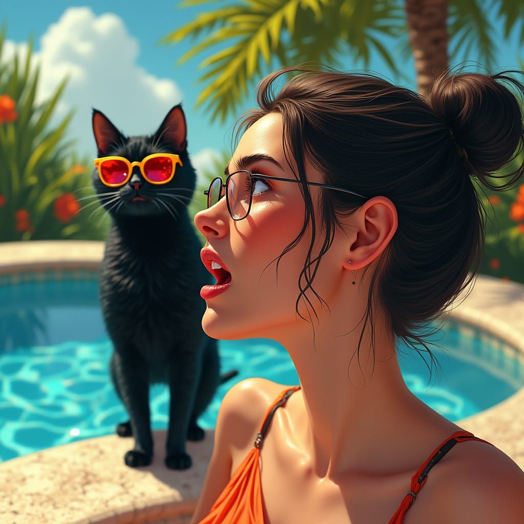 Sleek Cat Wears Sunglasses by the Pool in Tropical Paradise