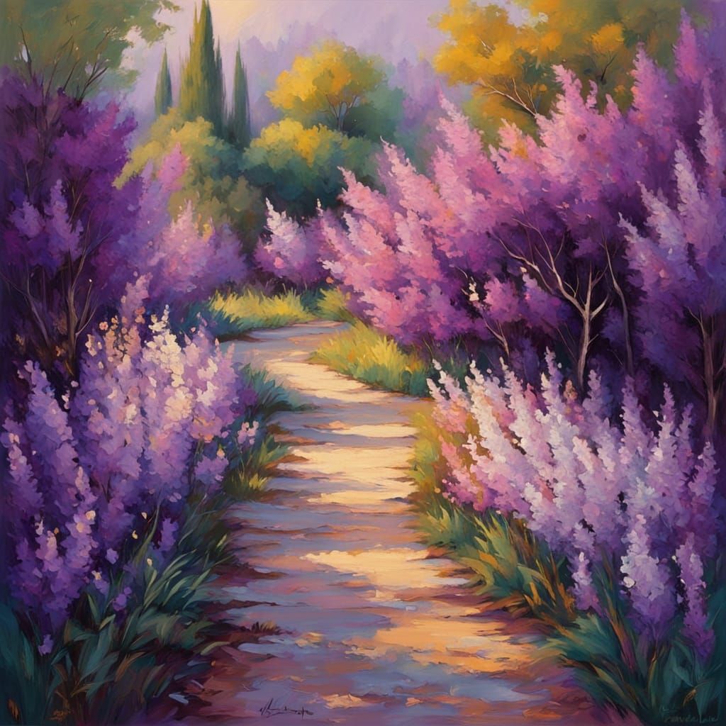 Lilac Path in Sunlight: Neo-Impressionistic Landscape