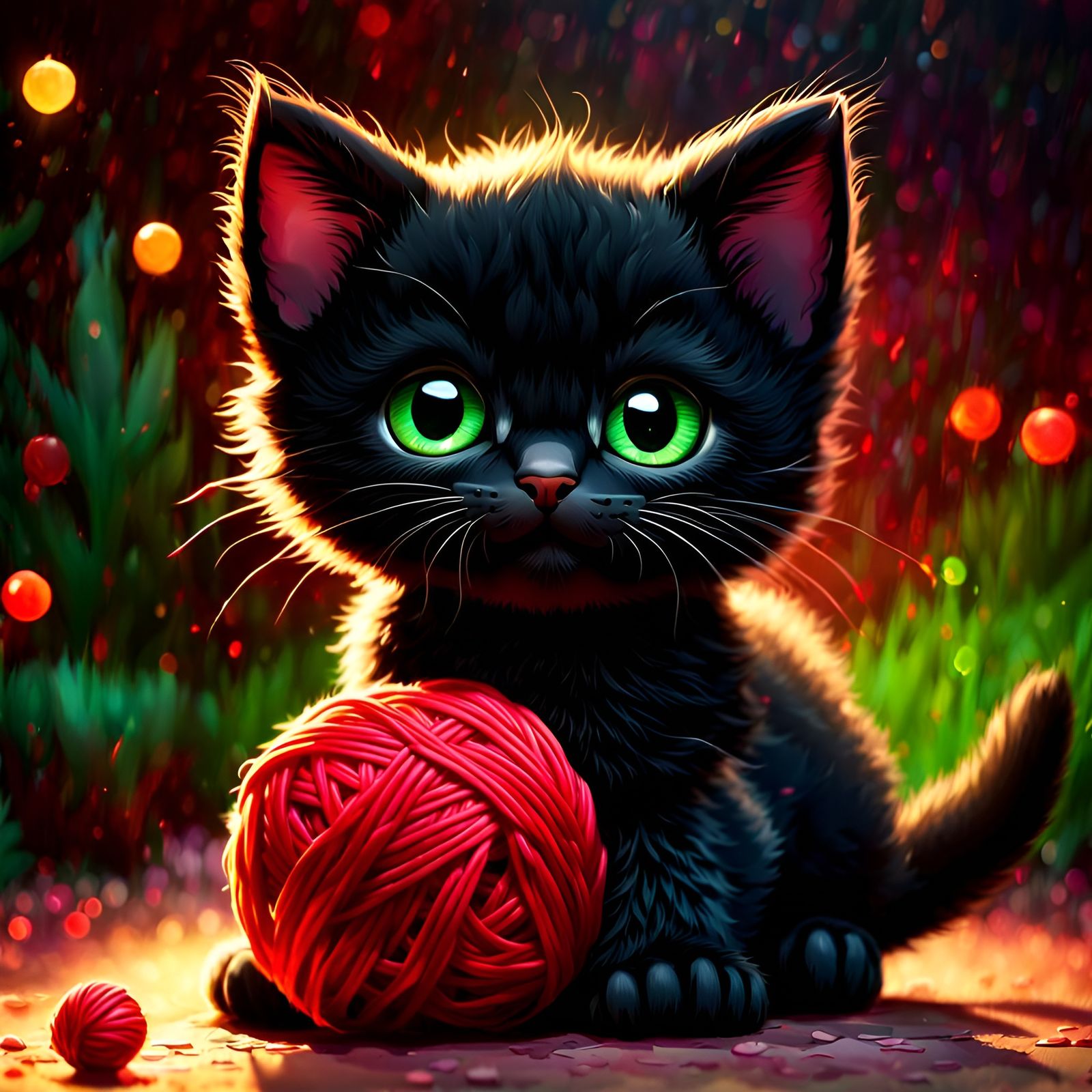 Adorable Black Kitten Playing with Yarn - Digital Art